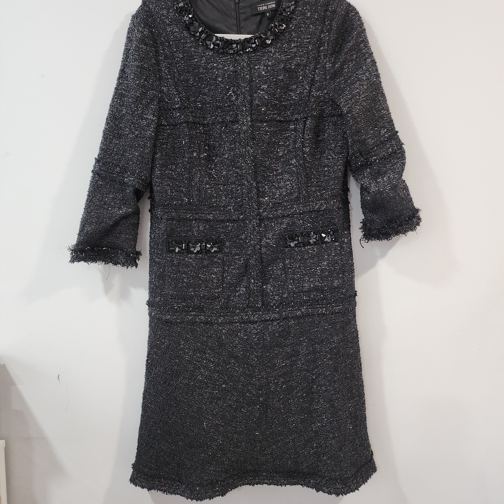 Teri Jon Black Tweed Jewel-Trim Dress